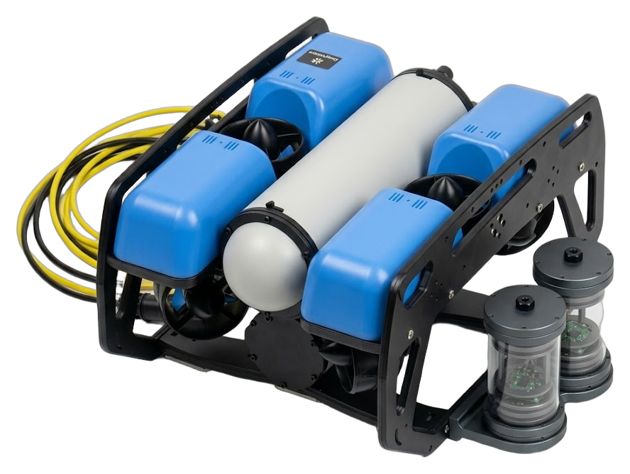 The DVX Underwater Stereo Camera mounted on the BlueROV2 with a custom enclosure.